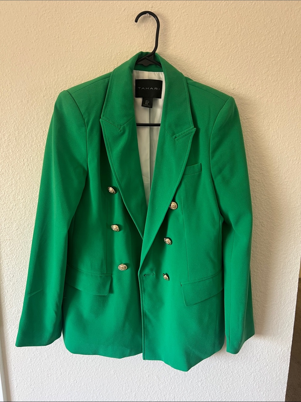 Tahari Kelly Green Double-Breasted Blazer with Gold Buttons